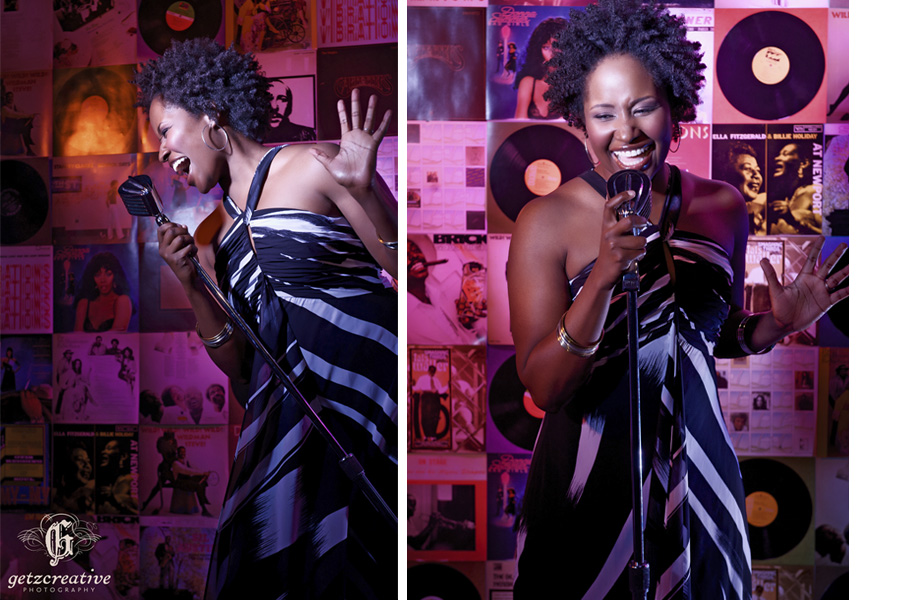 Woman happily singing into microphone - woman singing Motown with microphone - Creative Engagement Photography Session - Getz Creative Photography - Greenville SC